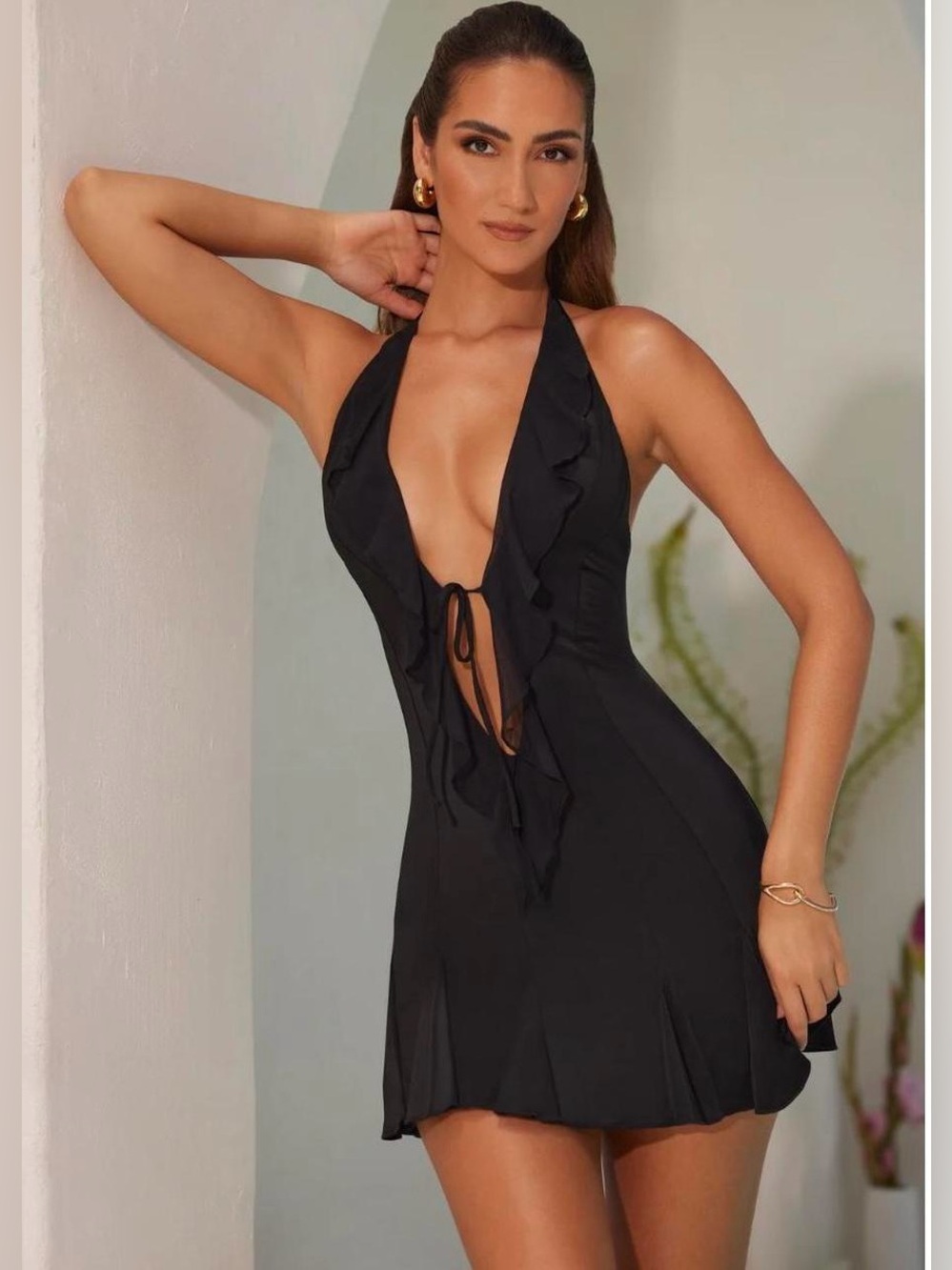 NWT Black Halter Neck Ruffle A-Line Mini Dress Black 2